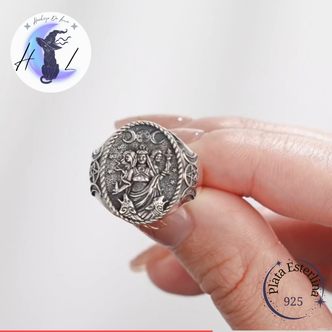 Anillo De Plata Ajustable, Diseño Triple Diosa.