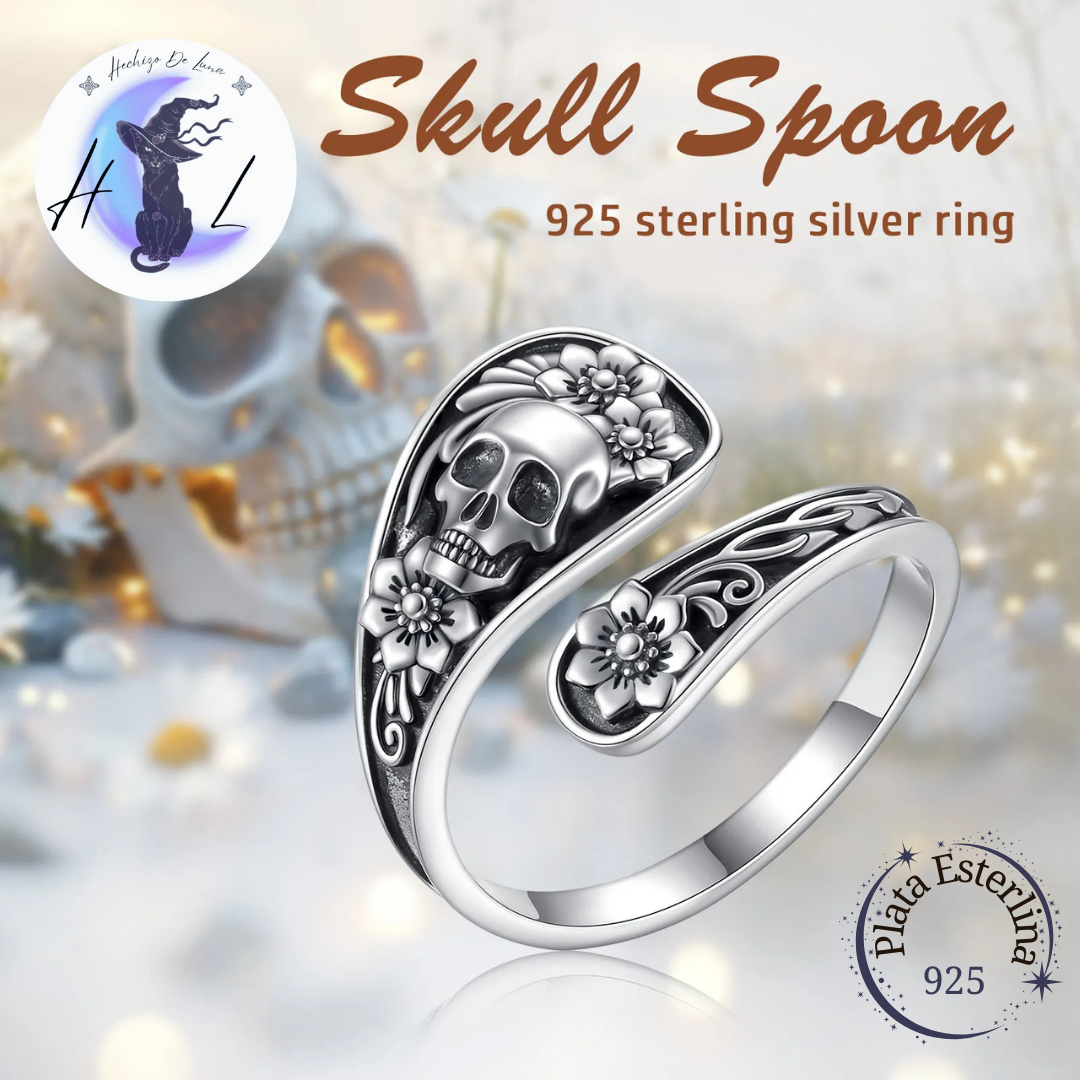 Anillo De Plata Ajustable, Diseño Calavera Y Flores.