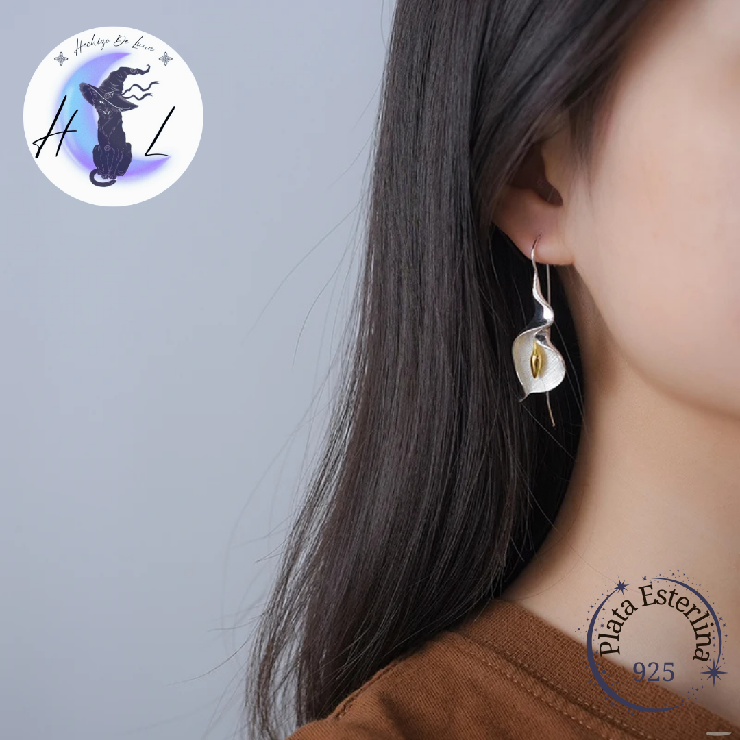 Aros Colgantes De Cala o Lirio de Agua, Plata925, Hechos a Mano.