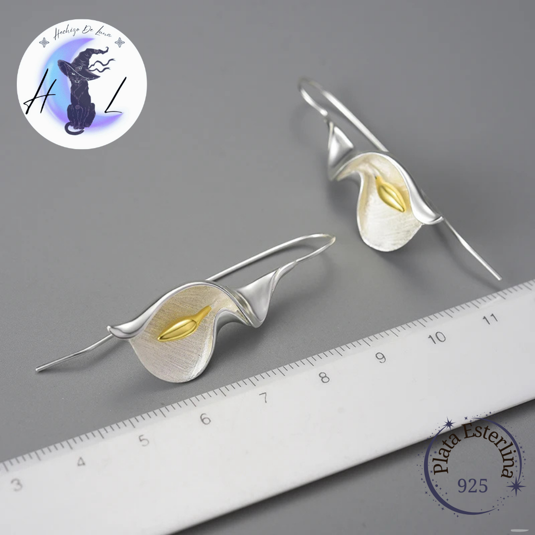 Aros Colgantes De Cala o Lirio de Agua, Plata925, Hechos a Mano.