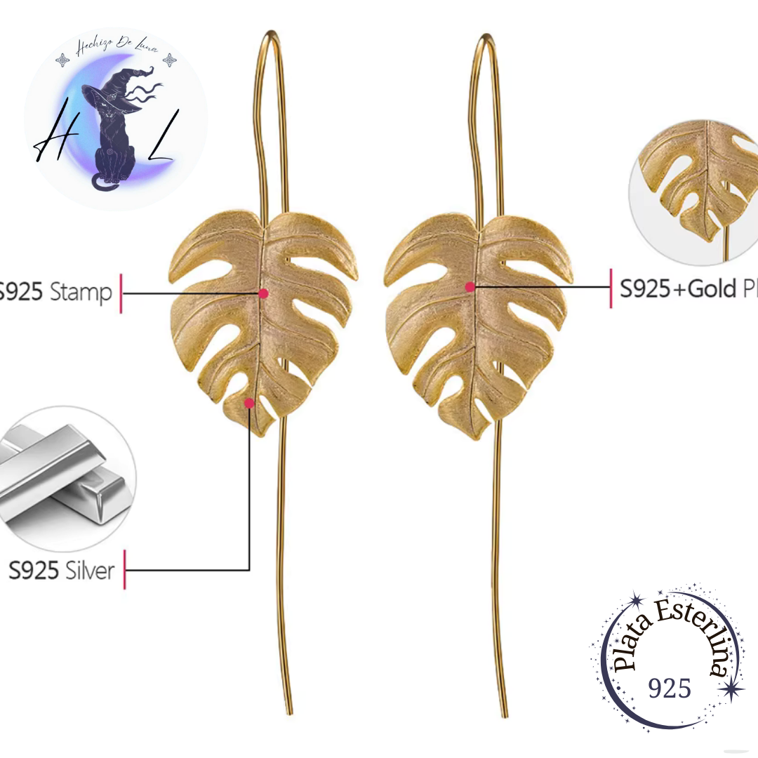 Aros Colgantes Diseño De Hoja De Monstera De Plata.