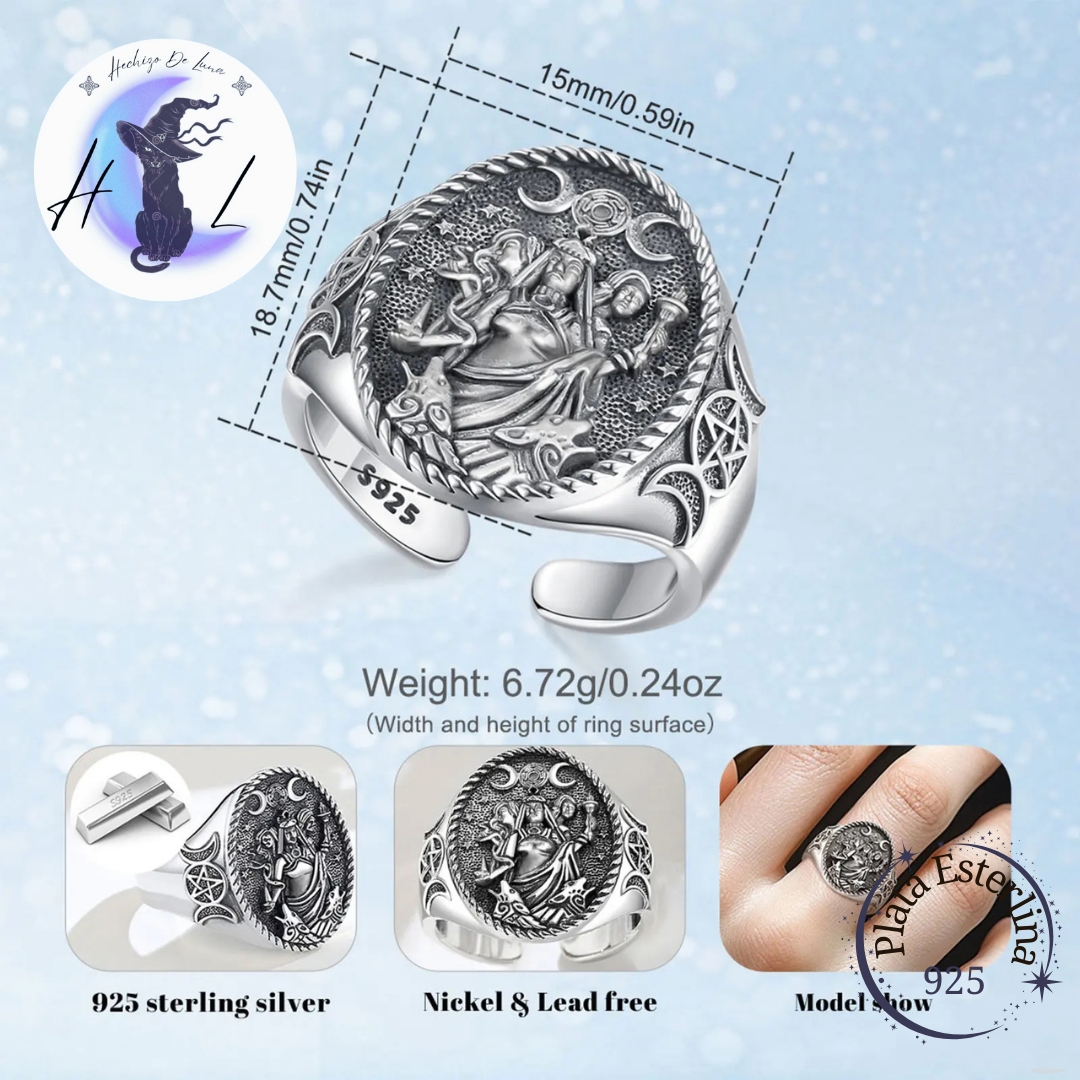Anillo De Plata Ajustable, Diseño Triple Diosa.