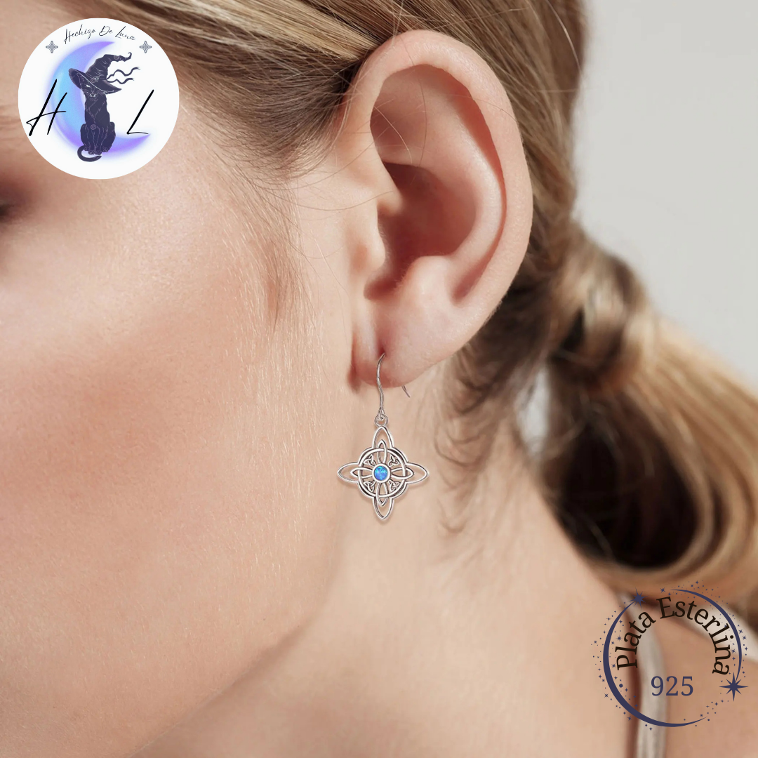 Aros Colgantes De Plata Y Ópalo, Diseño Nudo De Bruja Y Triqueta.