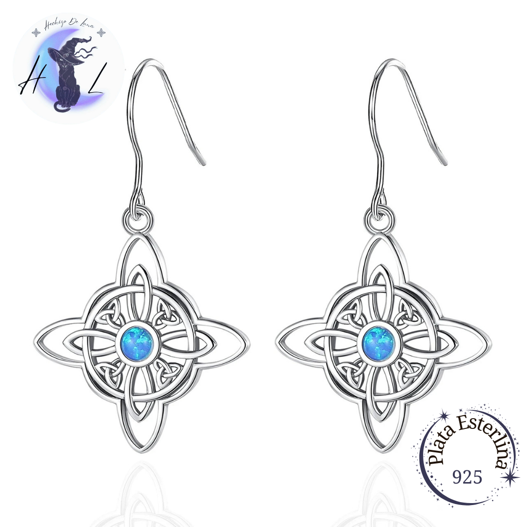 Aros Colgantes De Plata Y Ópalo, Diseño Nudo De Bruja Y Triqueta.