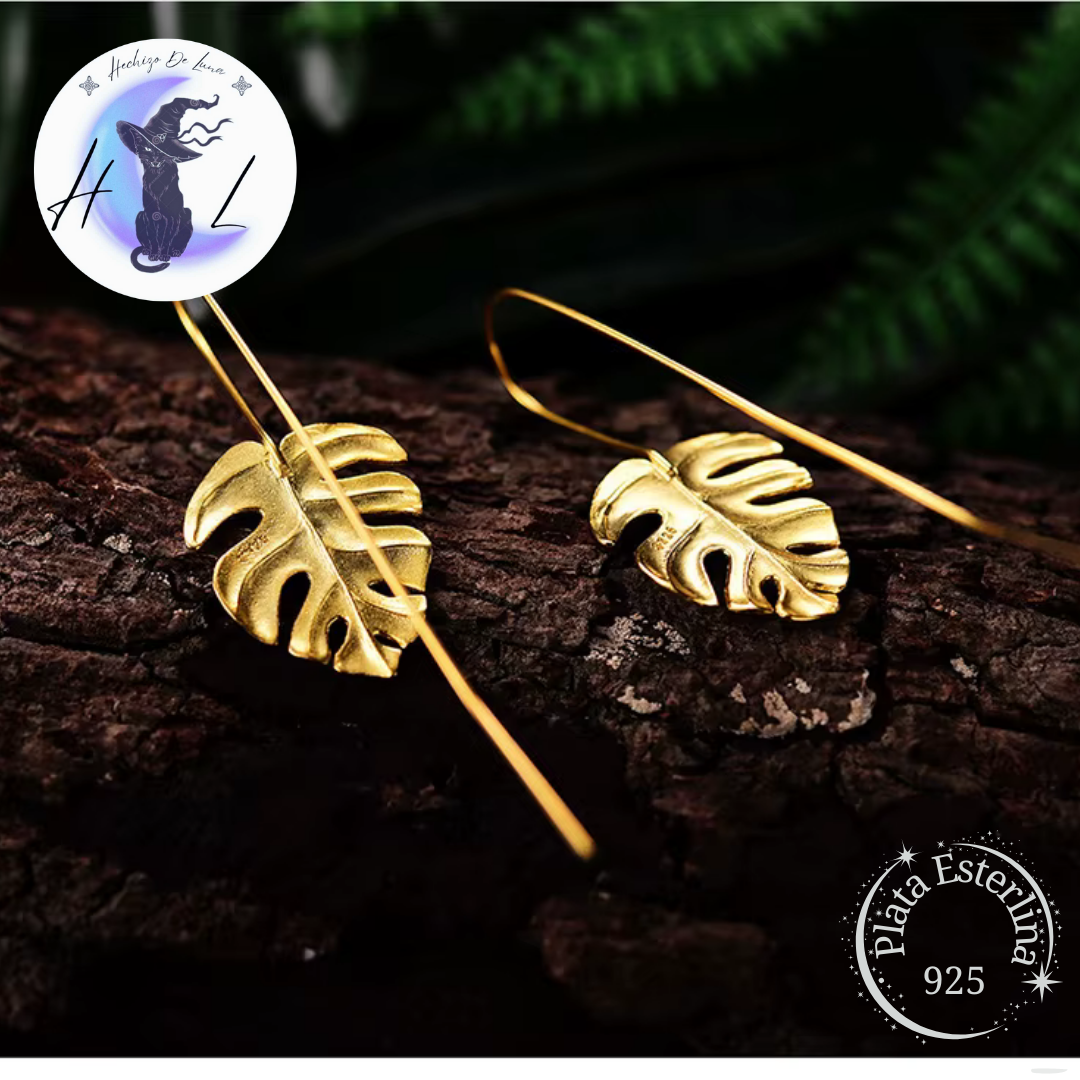 Aros Colgantes Diseño De Hoja De Monstera De Plata.