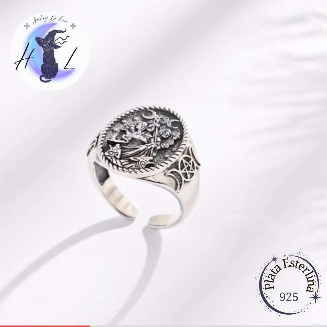Anillo De Plata Ajustable, Diseño Triple Diosa.