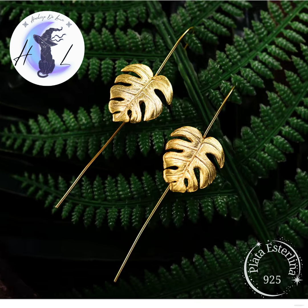 Aros Colgantes Diseño De Hoja De Monstera De Plata.