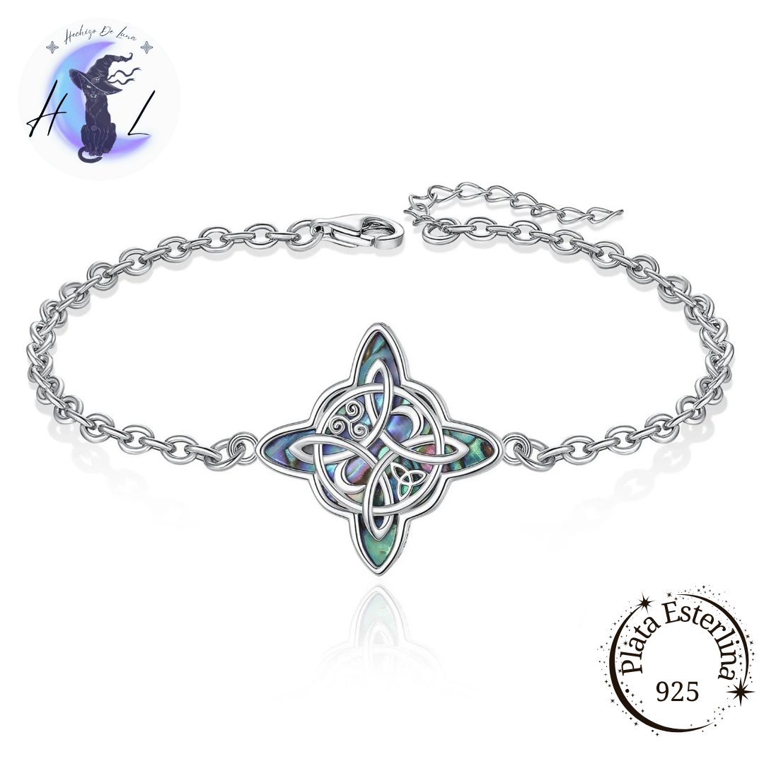 Pulsera De Plata Y Abulón, Diseño Nudo De Bruja, Triqueta, Trisquel Y Media Luna.
