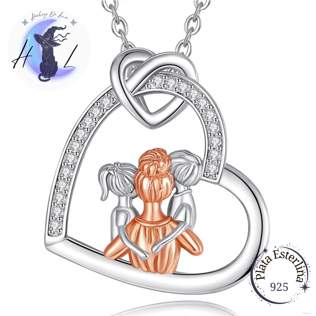 Colgante De Plata Y Circón, Diseño Corazón Madre e Hijos.