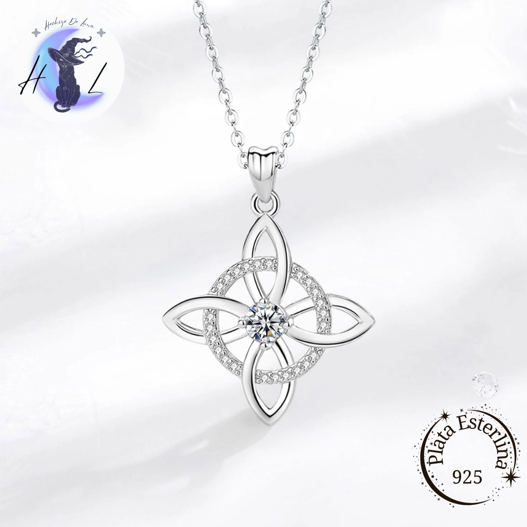 Colgante De Plata Y Circón, Diseño Nudo De Bruja Con Media Luna.