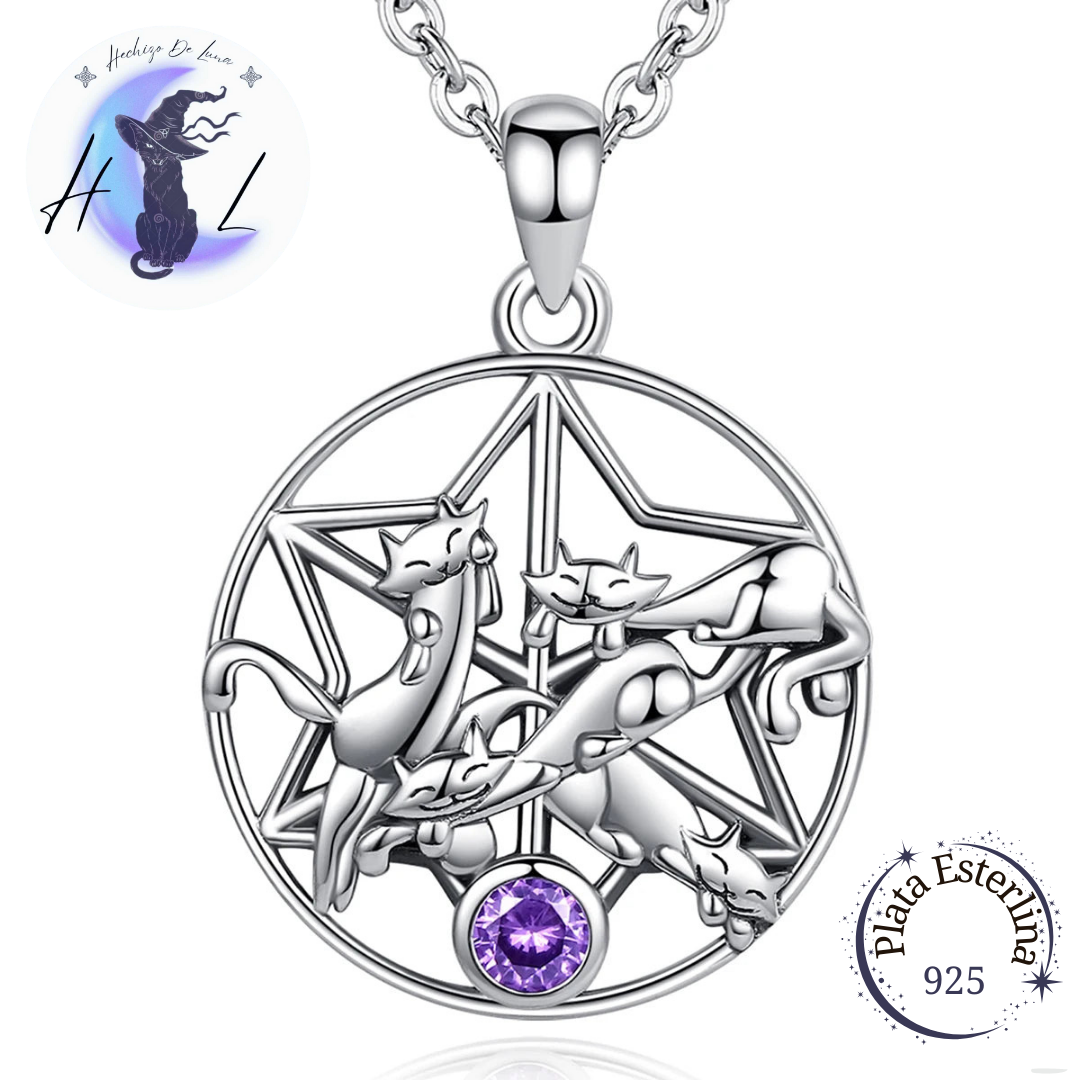 Colgante De Plata Y Circón Púrpura, Diseño Gatitos De La Suerte.