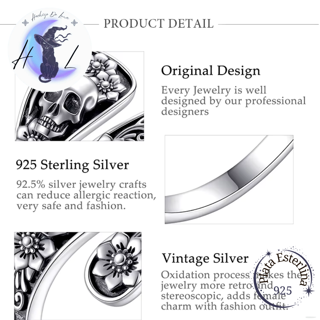 Anillo De Plata Ajustable, Diseño Calavera Y Flores.