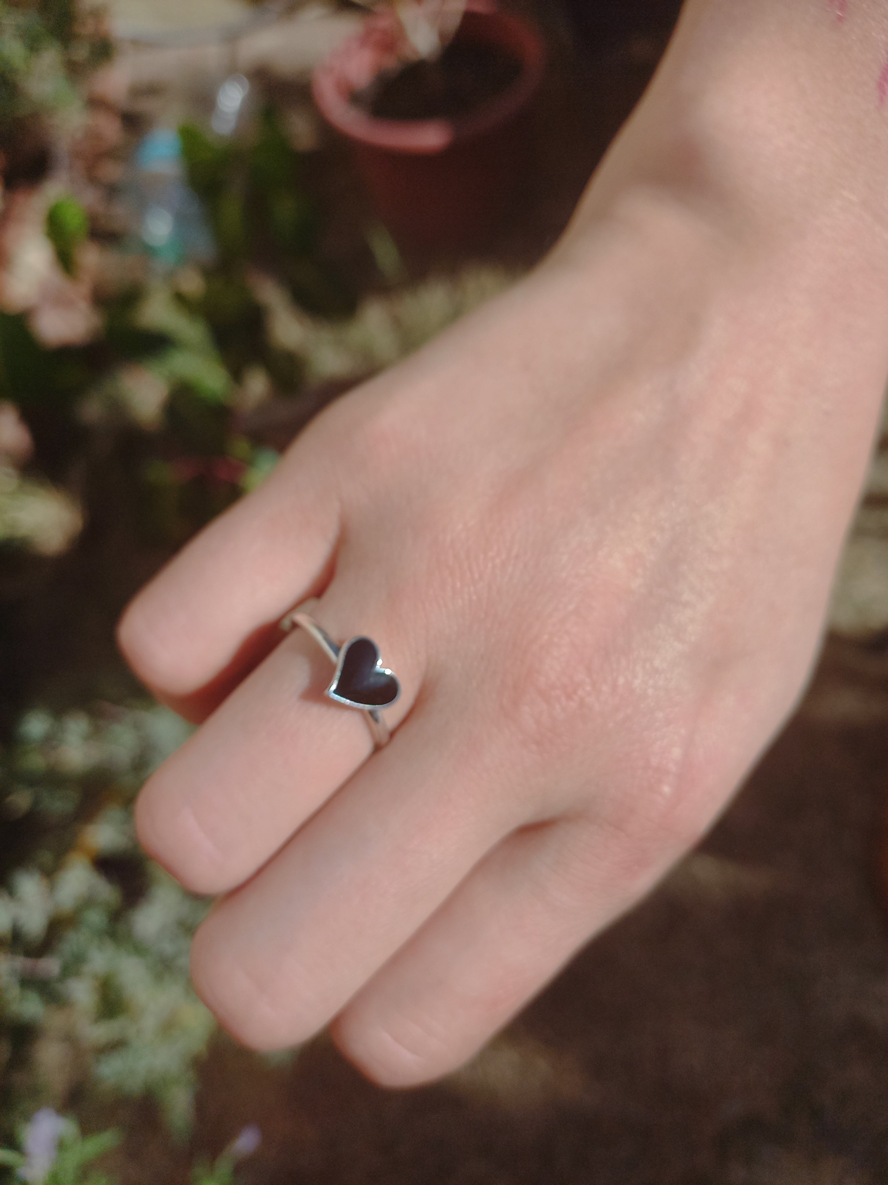 Anillo Ajustable Plata 925 Corazon Negro.