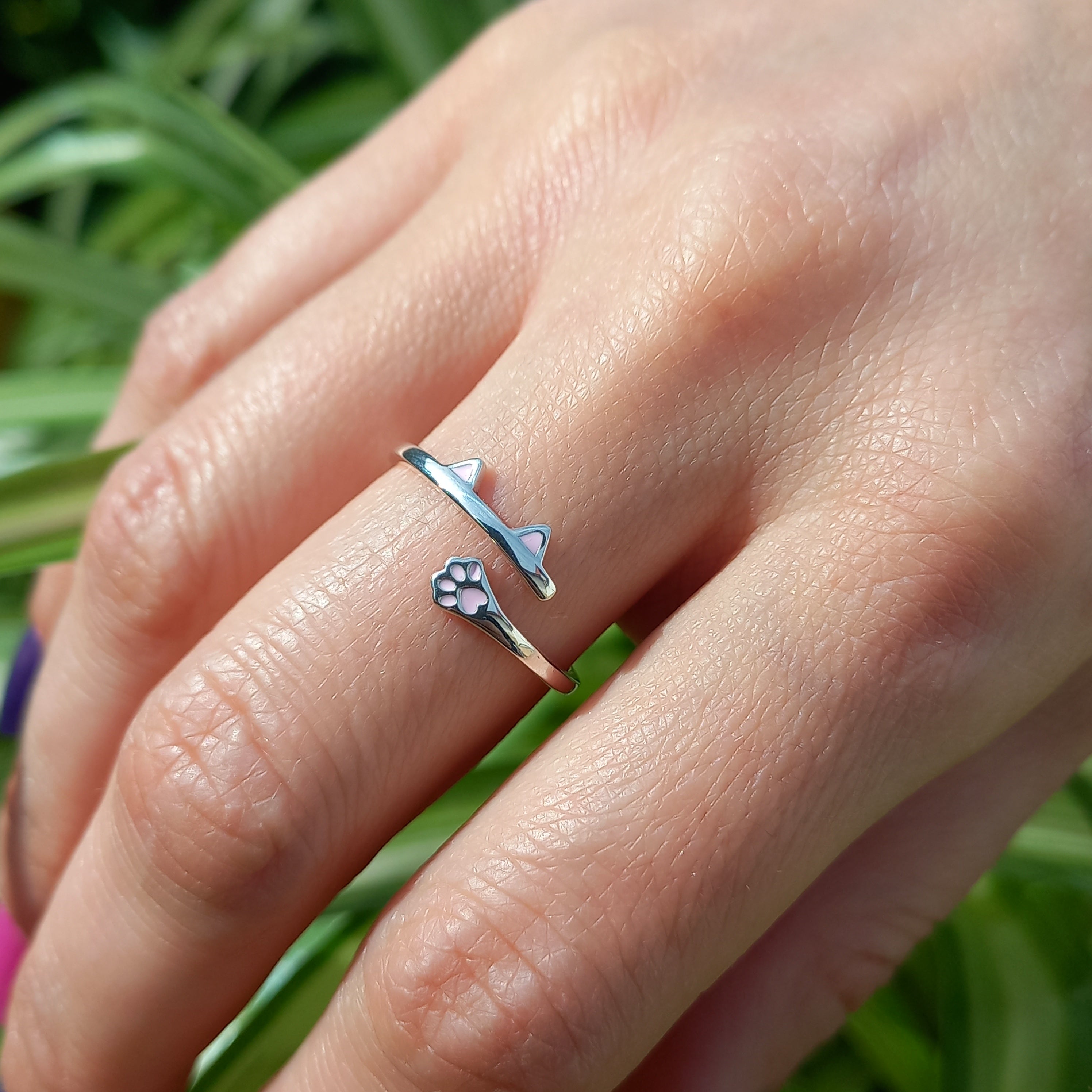 Anillo Ajustable Plata 925 de  Orejas y pata  de Gato.