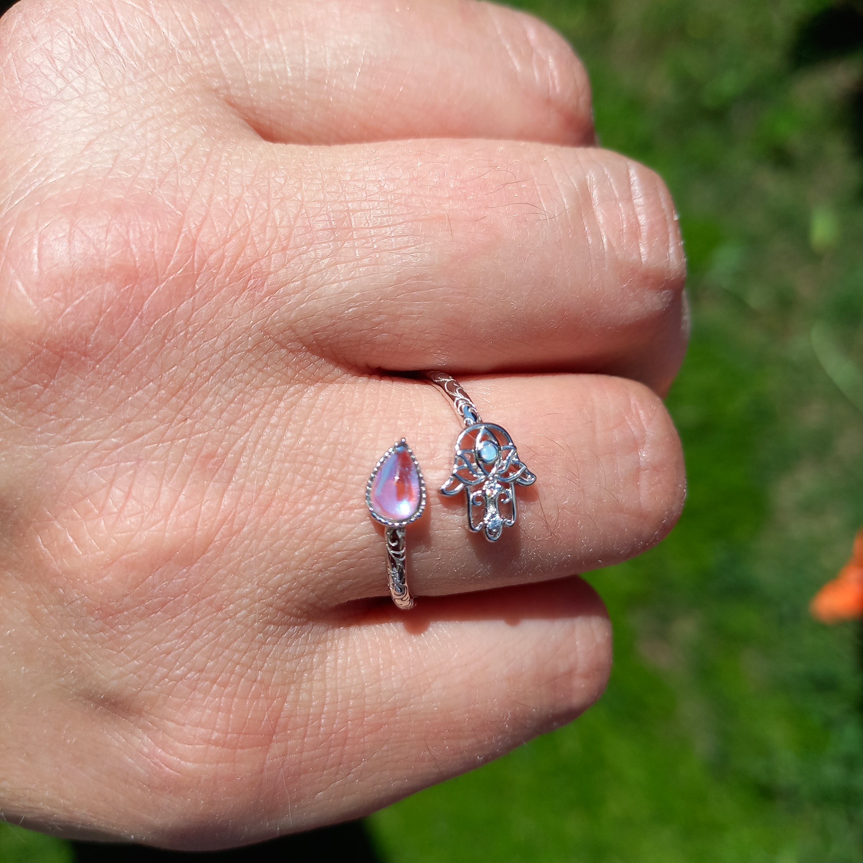 Anillo Ajustable Plata 925 de Mano de Hamsa.