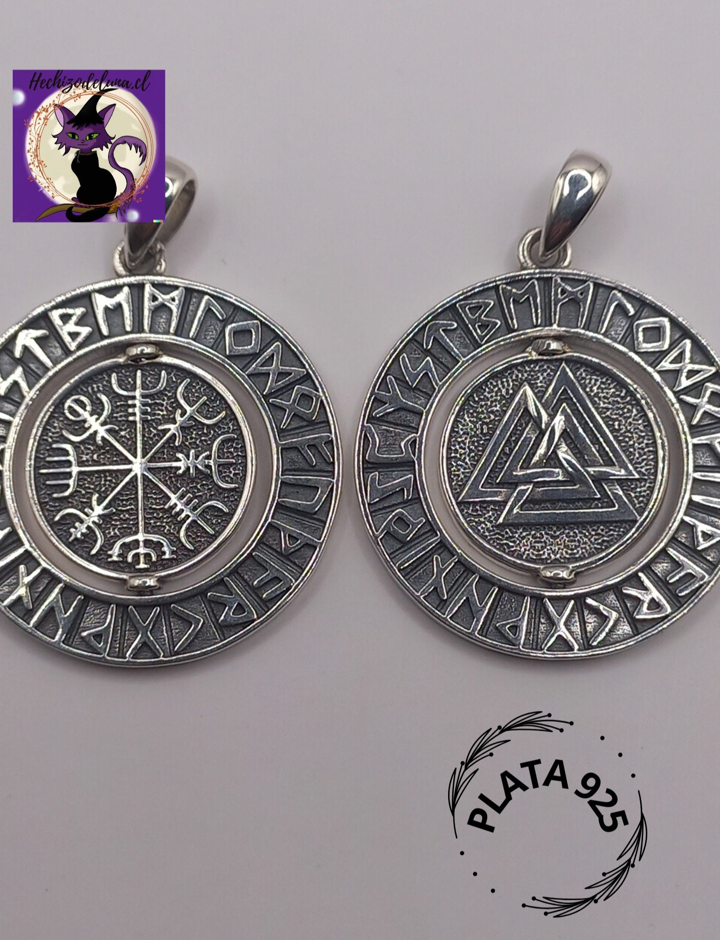 Colgante Vegvísir con Valknut y Cadena de Plata 50 cm.