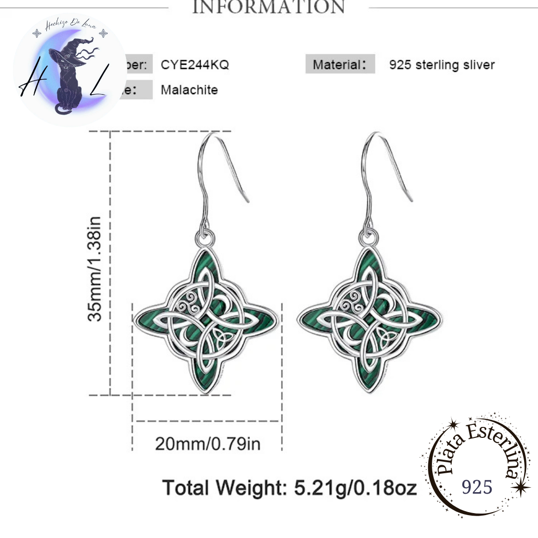Aros Colgantes De Plata Y Malaquita , Nudo De Bruja.