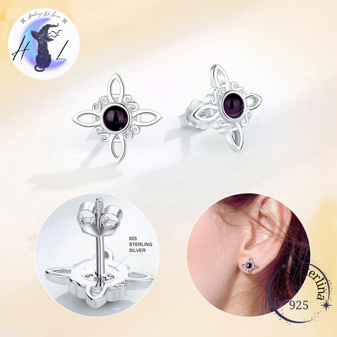 Aros De Plata Con Nudo De Bruja y Obsidiana.