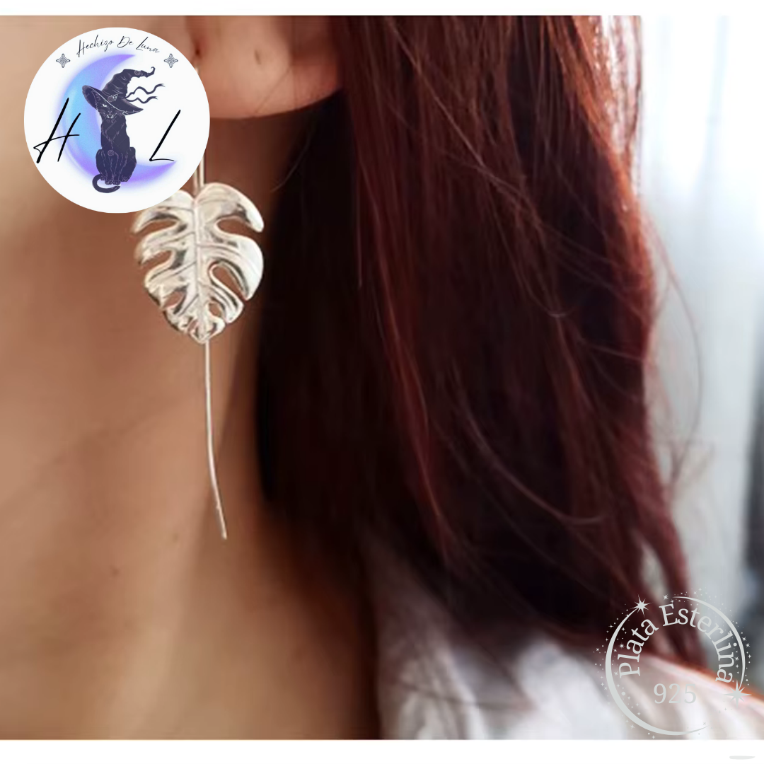 Aros Colgantes Diseño De Hoja De Monstera De Plata.