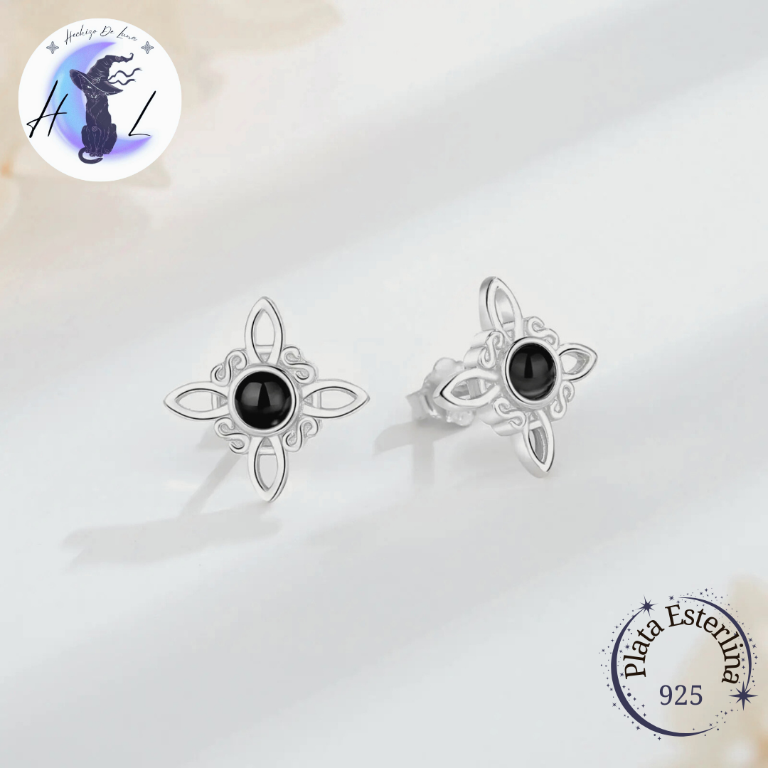 Aros De Plata Con Nudo De Bruja y Obsidiana.