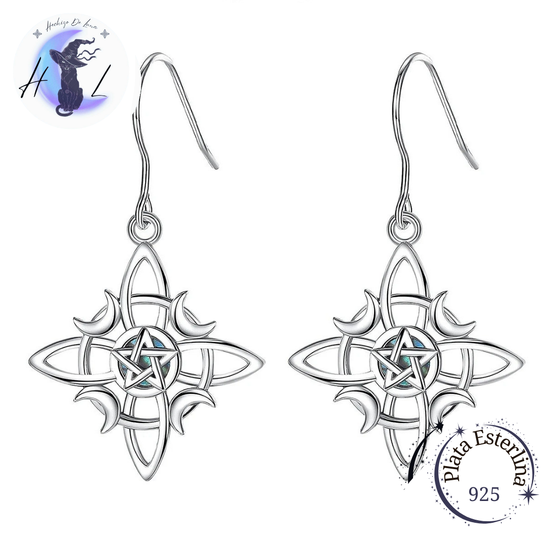 Aros De Plata Nudo De Bruja Con Pentáculo y Medialuna Con Abulón.