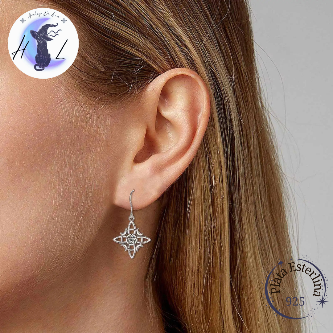 Aros De Plata Nudo De Bruja Con Pentáculo y Medialuna Con Abulón.