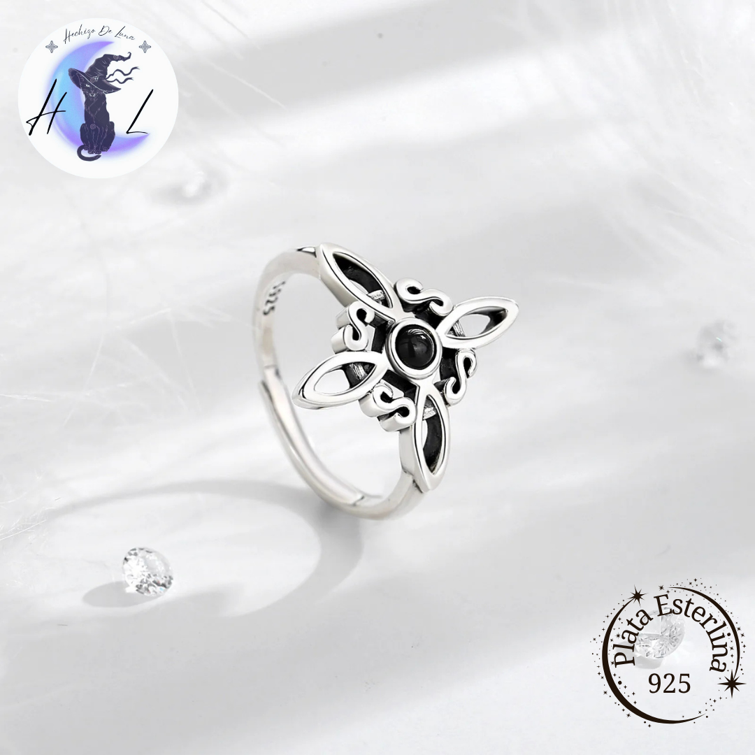 Anillo Ajustable Nudo de bruja con Obsidiana.