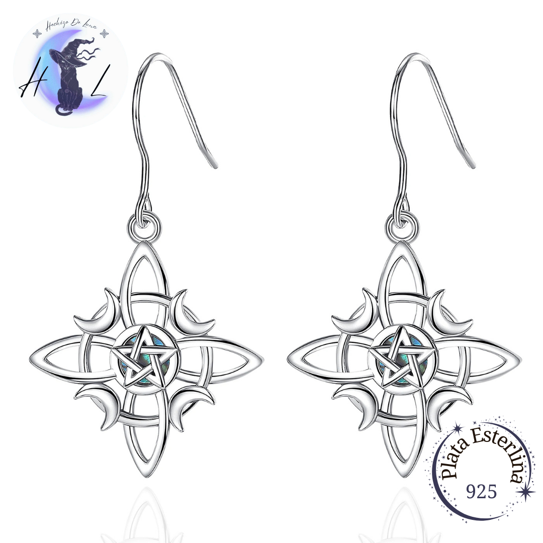 Aros De Plata Nudo De Bruja Con Pentáculo y Medialuna Con Abulón.