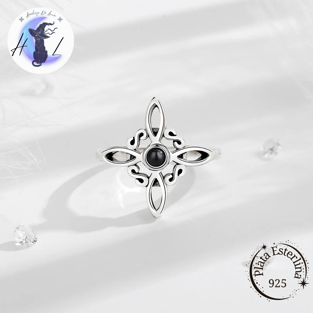 Anillo Ajustable Nudo de bruja con Obsidiana.