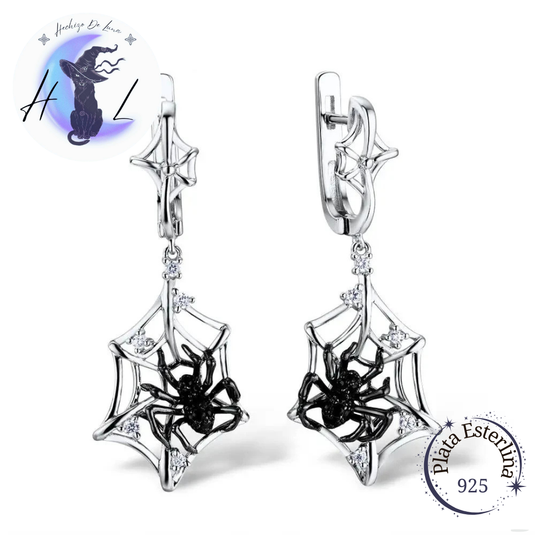 Aros Colgantes Diseño De Araña Con Circones De Plata.