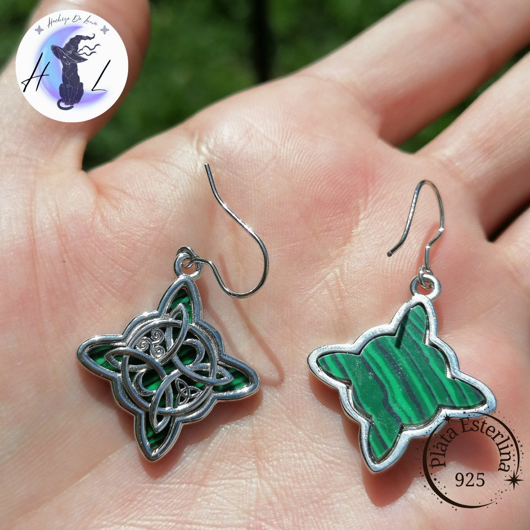 Aros Colgantes De Plata Y Malaquita , Nudo De Bruja.