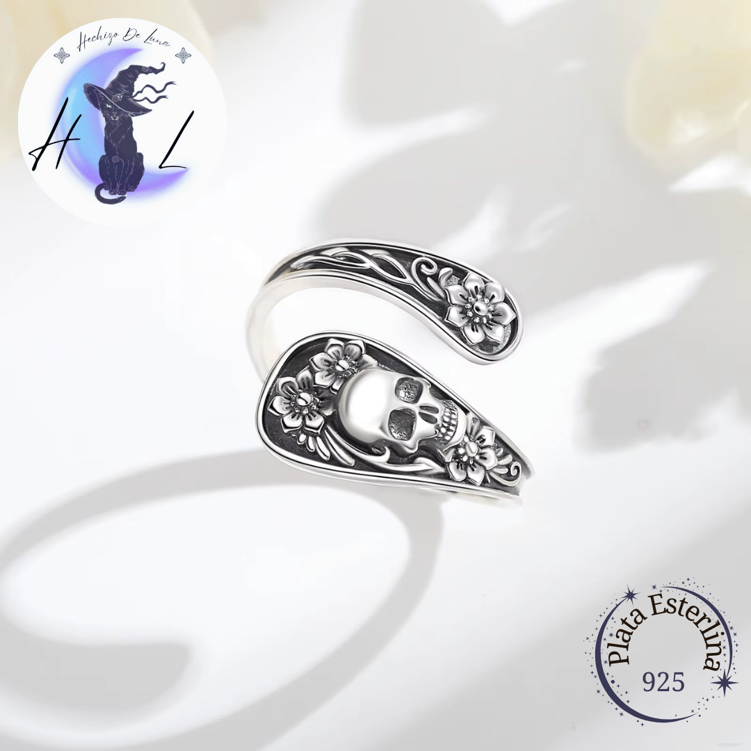 Anillo De Plata Ajustable, Diseño Calavera Y Flores.
