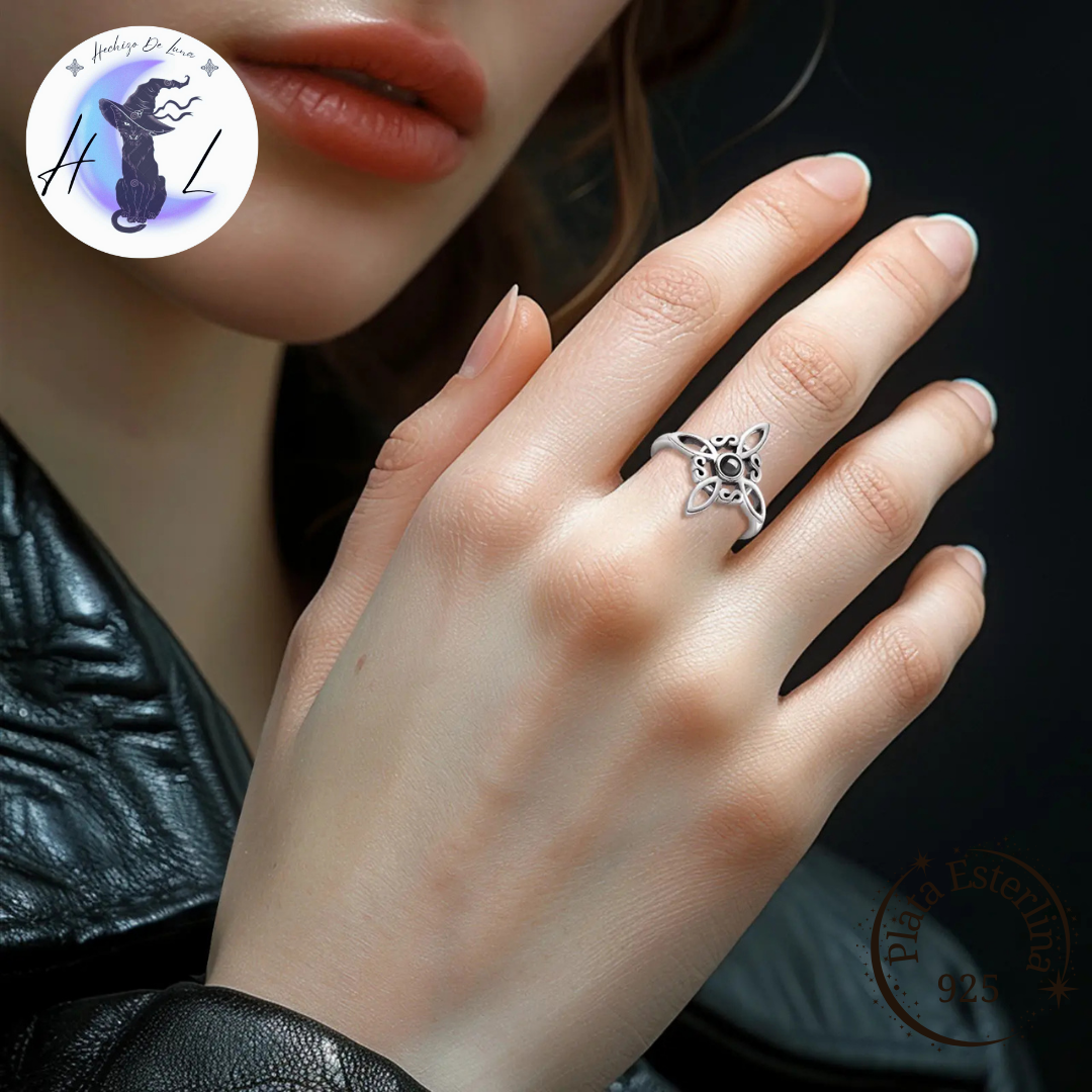 Anillo Ajustable Nudo de bruja con Obsidiana.
