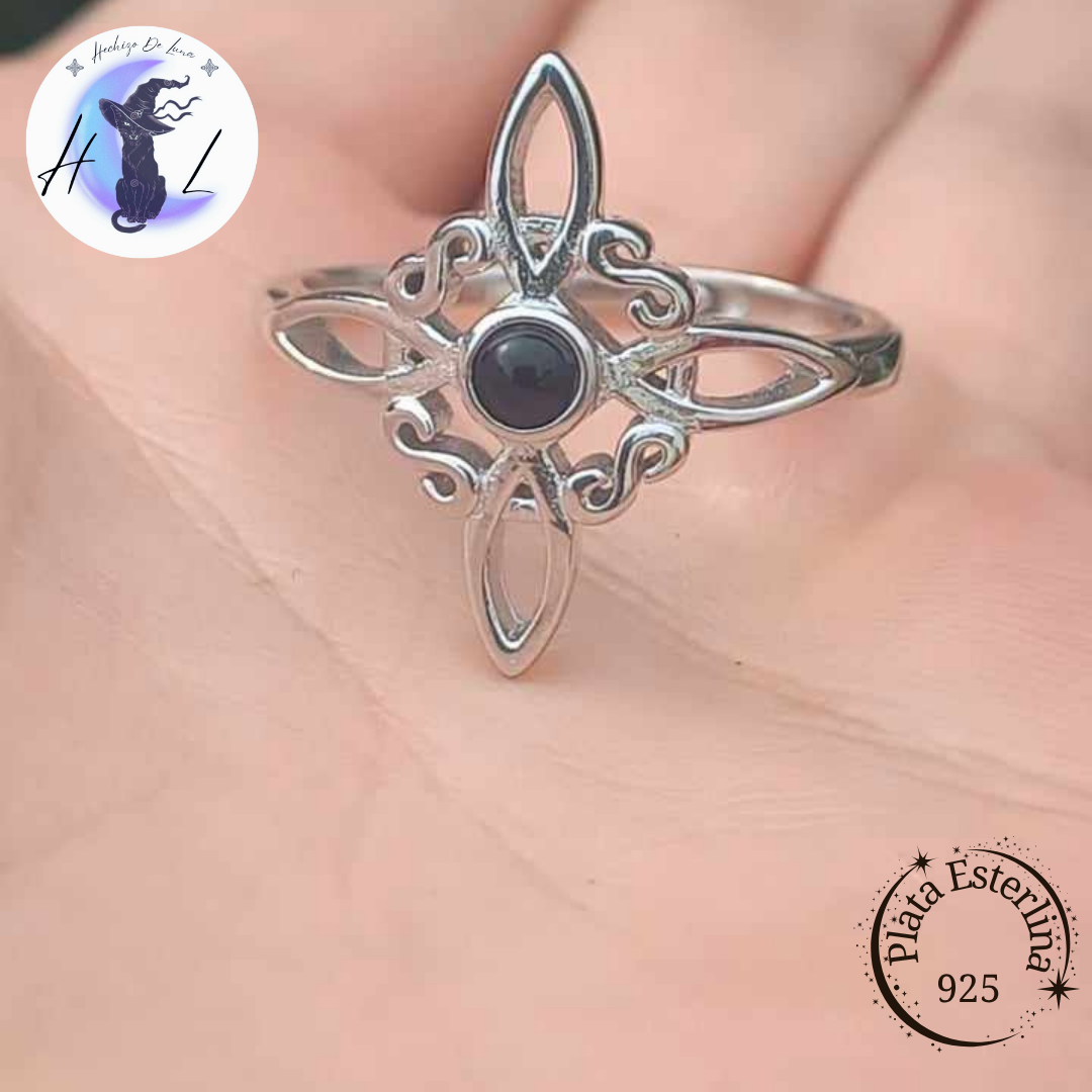 Anillo Ajustable Nudo de bruja con Obsidiana.