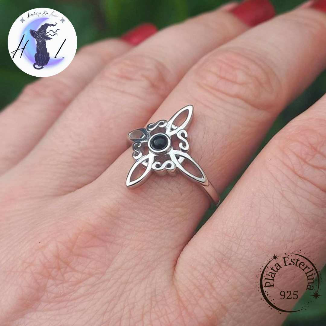 Anillo Ajustable Nudo de bruja con Obsidiana.