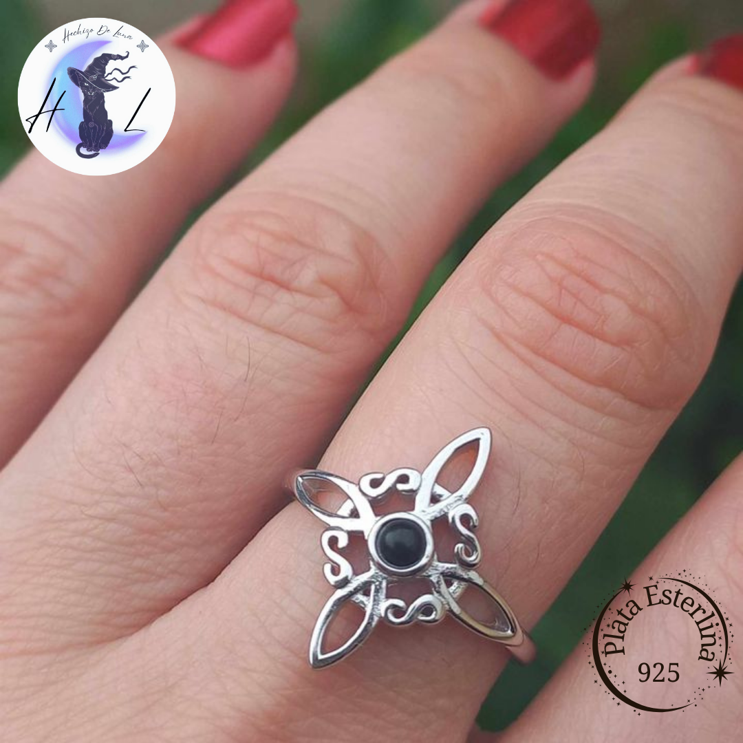 Anillo Ajustable Nudo de bruja con Obsidiana.