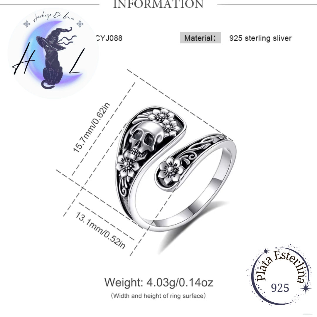 Anillo De Plata Ajustable, Diseño Calavera Y Flores.