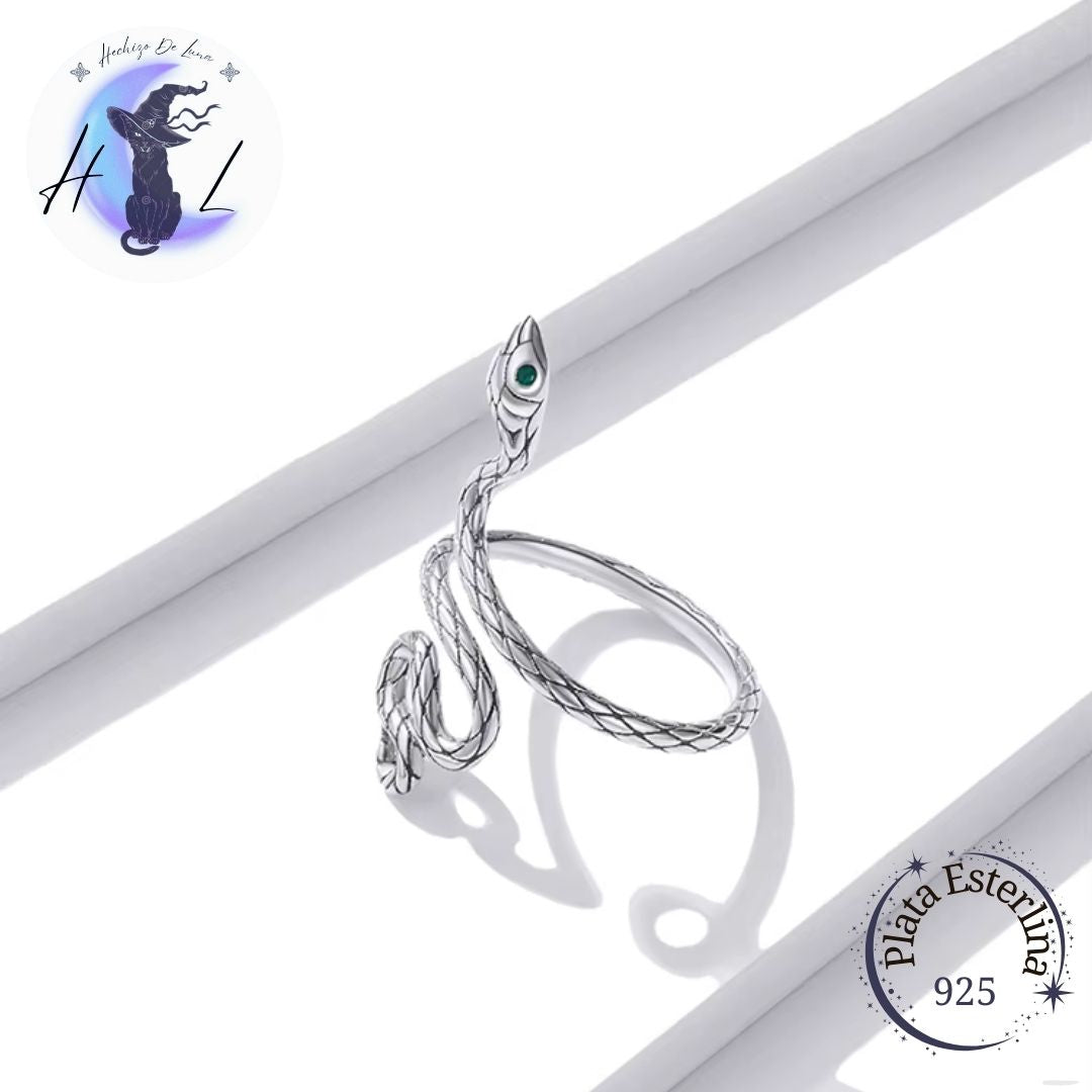 Anillo Ajustable De Plata Y Circonita Verde, Diseño Serpiente.