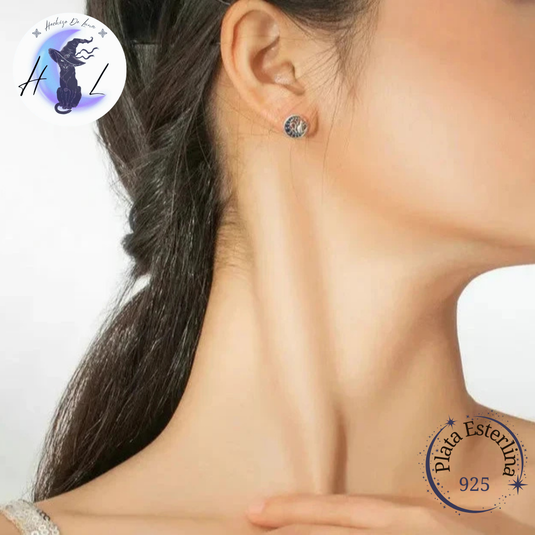 Aros De Plata Y Circón Azul, Diseño Gato Y Media Luna.