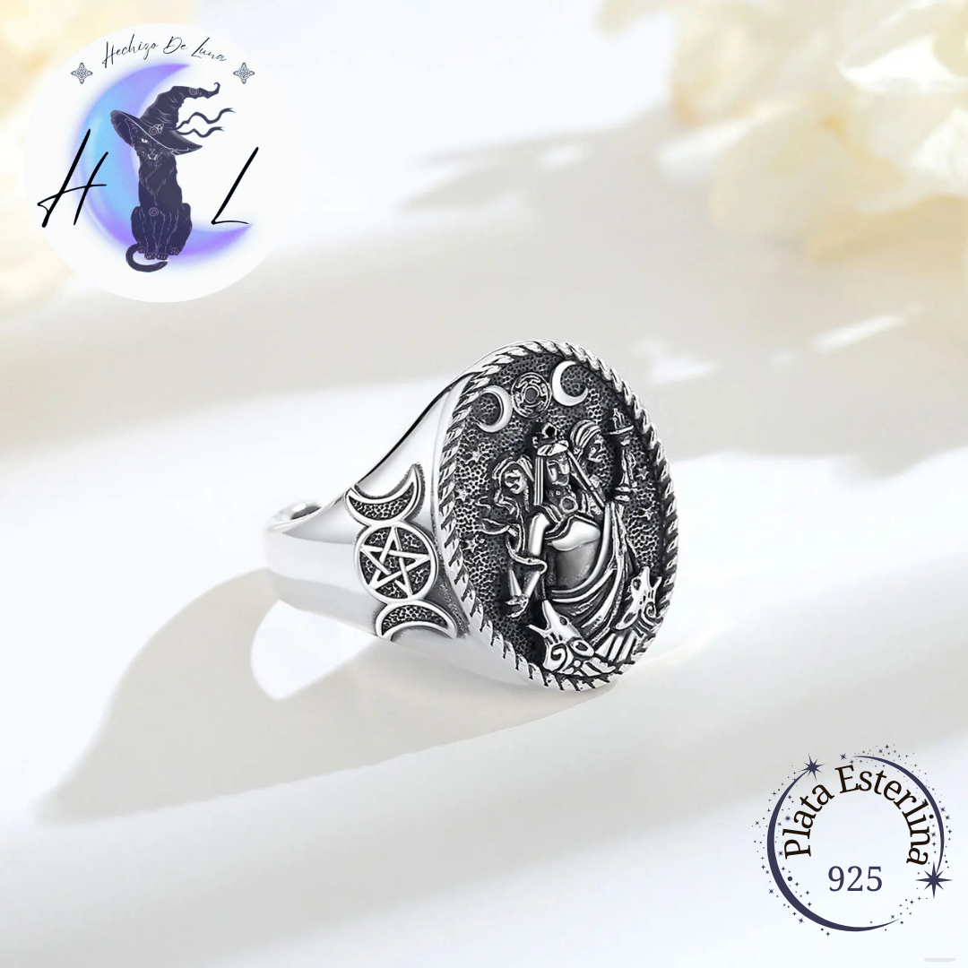 Anillo De Plata Ajustable, Diseño Triple Diosa.