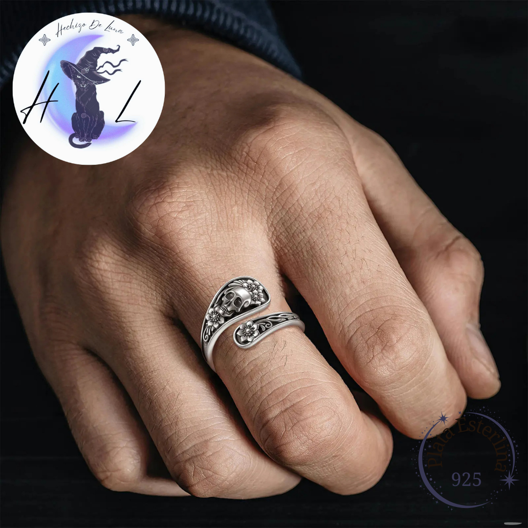 Anillo De Plata Ajustable, Diseño Calavera Y Flores.