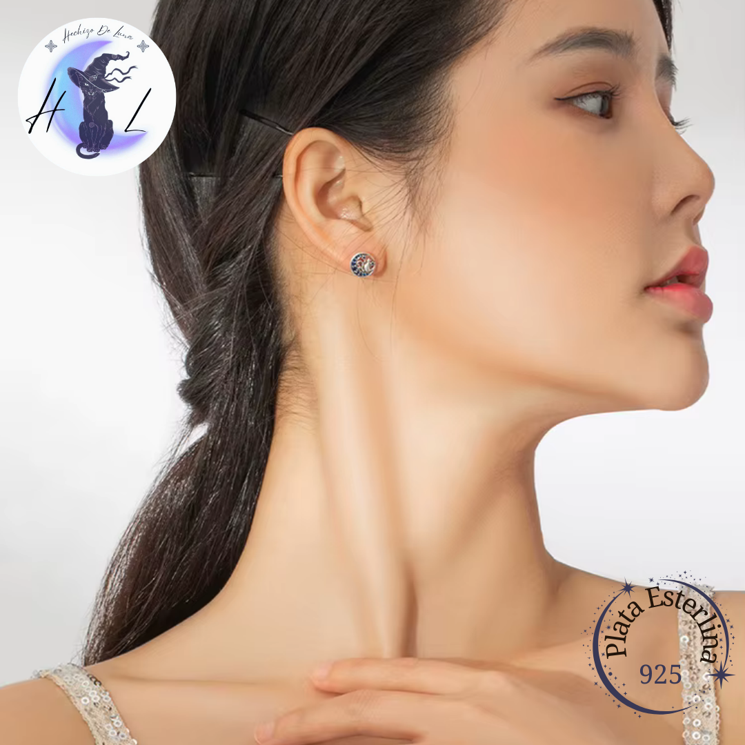 Aros De Plata Y Circón Azul, Diseño Gato Y Media Luna.