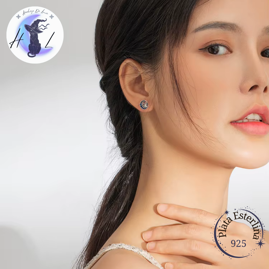 Aros De Plata Y Circón Azul, Diseño Gato Y Media Luna.