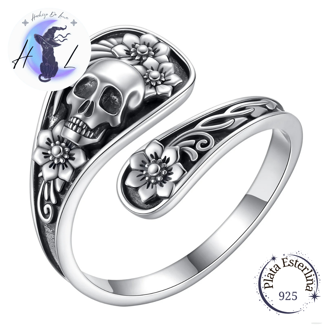 Anillo De Plata Ajustable, Diseño Calavera Y Flores.