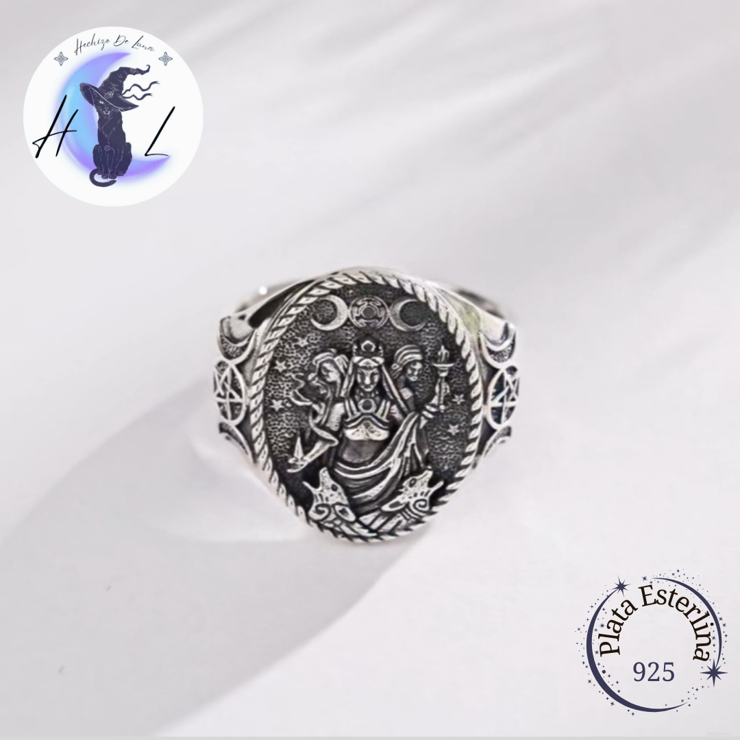 Anillo De Plata Ajustable, Diseño Triple Diosa.