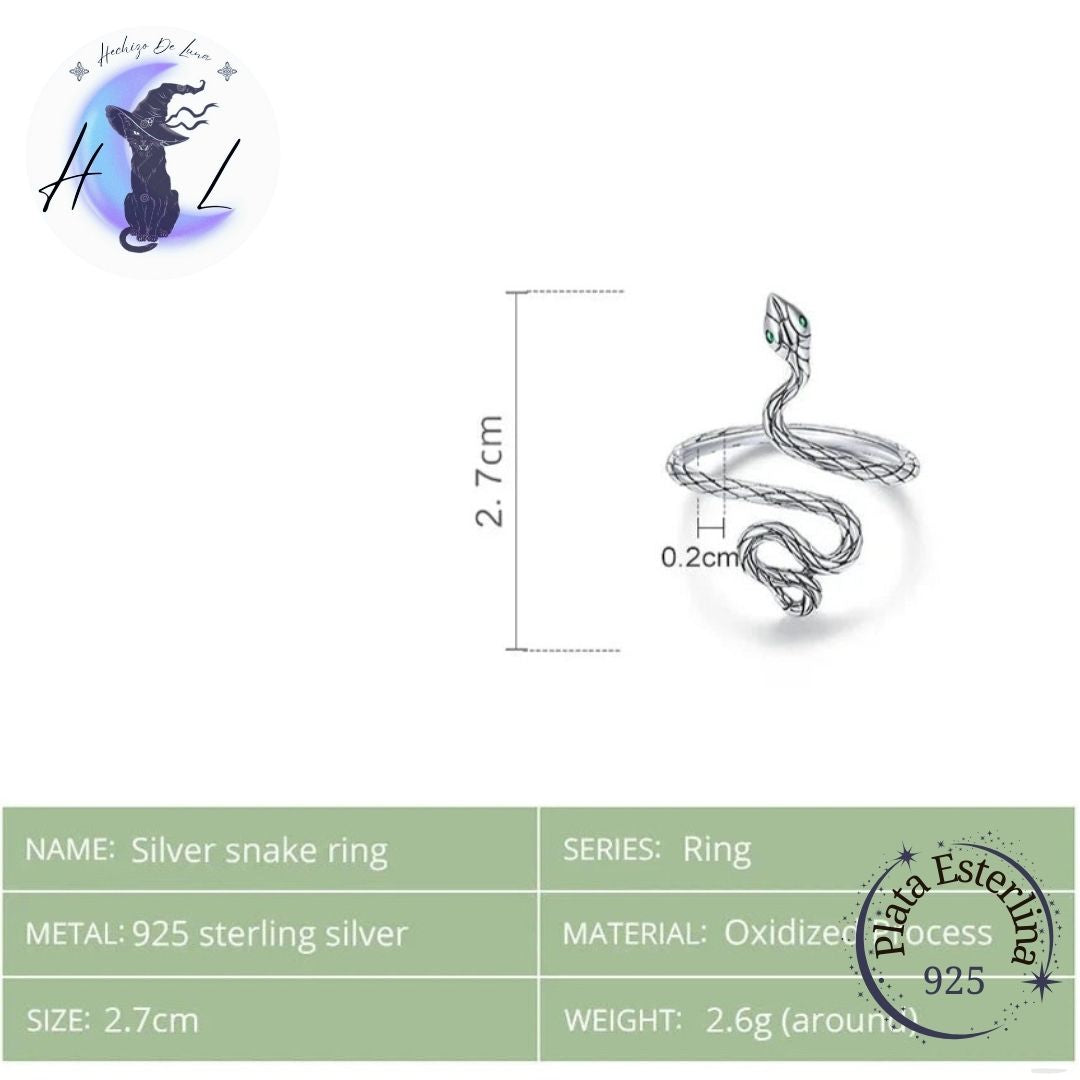 Anillo Ajustable De Plata Y Circonita Verde, Diseño Serpiente.