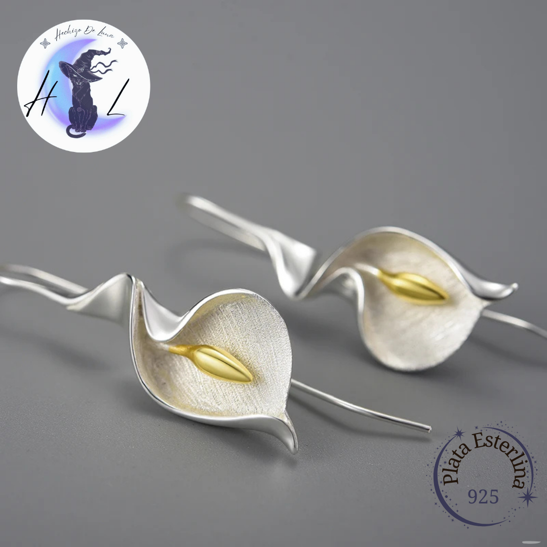 Aros Colgantes De Cala o Lirio de Agua, Plata925, Hechos a Mano.