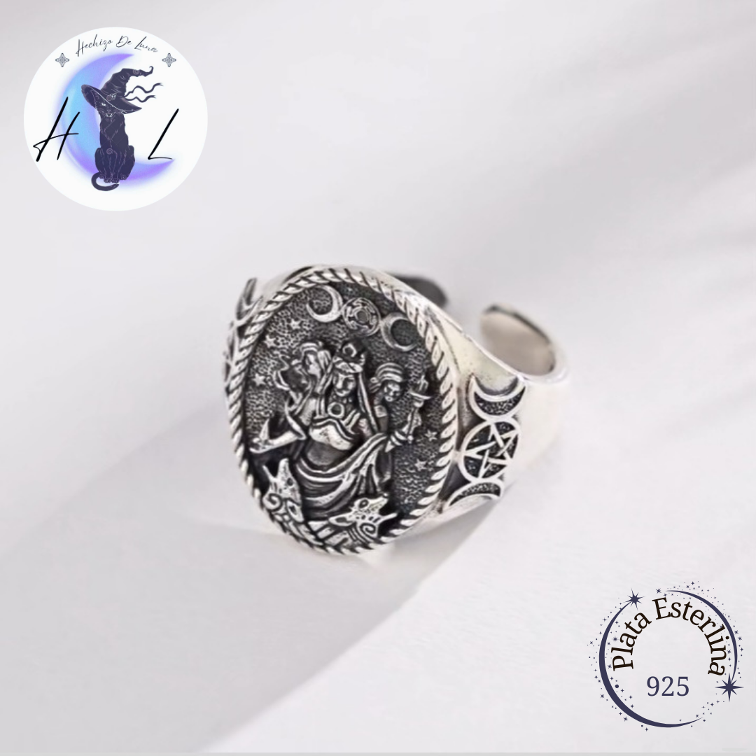 Anillo De Plata Ajustable, Diseño Triple Diosa.