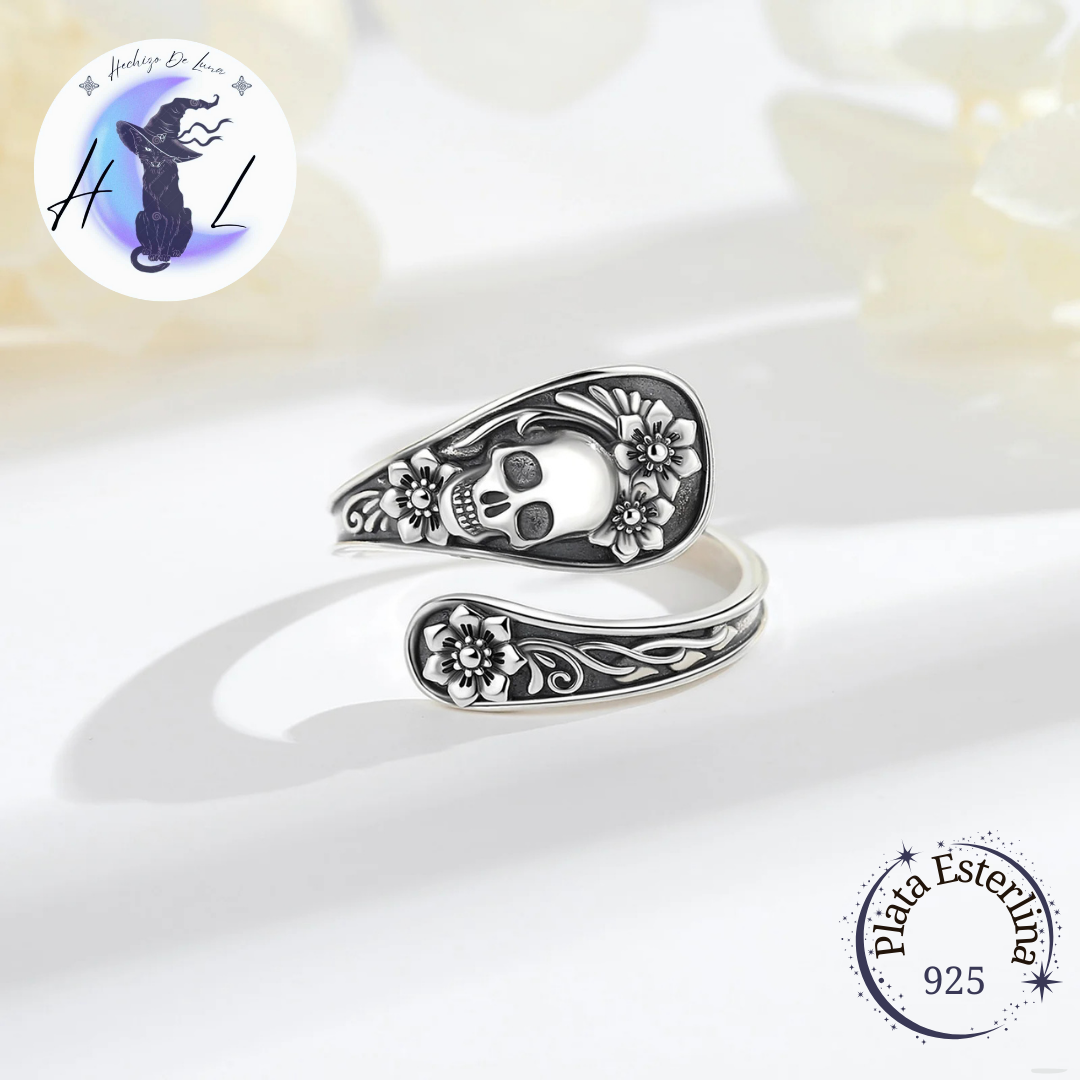 Anillo De Plata Ajustable, Diseño Calavera Y Flores.