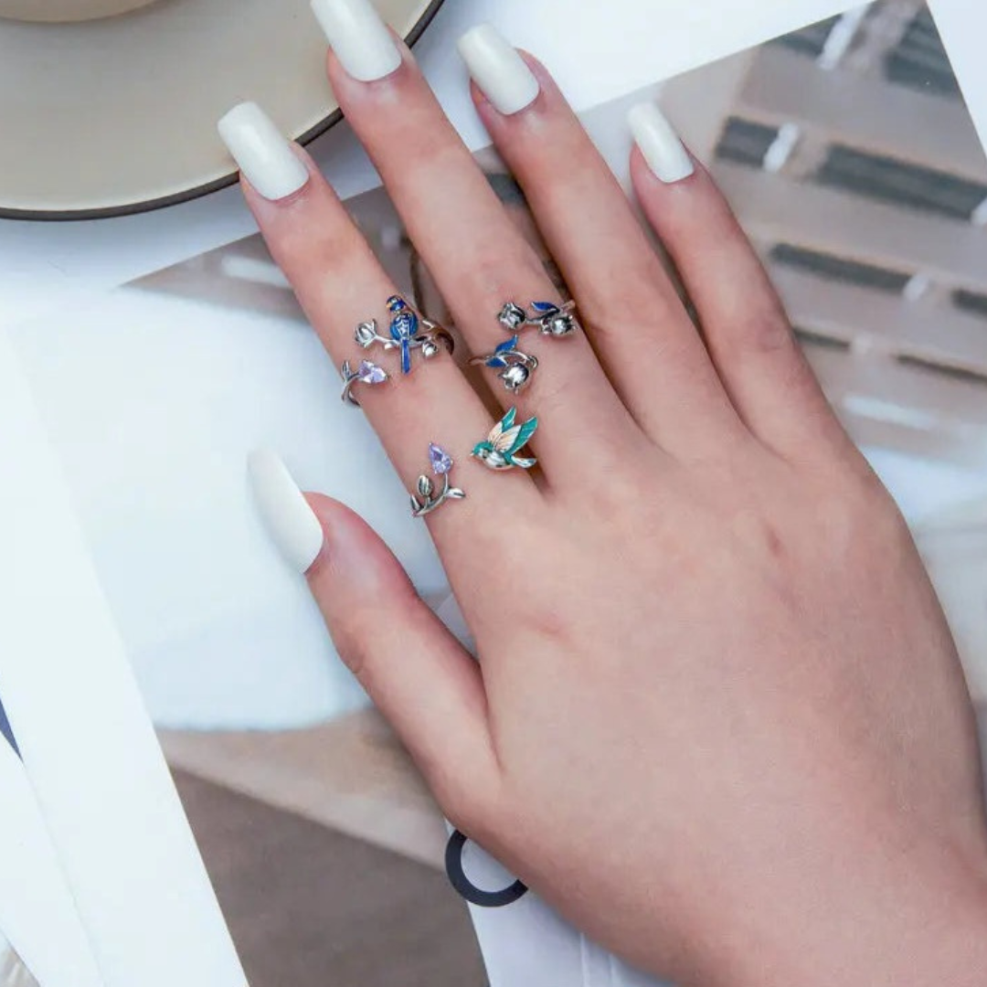 Anillo Ajustable Pájaros Y Flores De Plata.